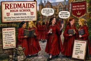 Wide Aspect. Redmaids' High School in winter. Snow falls. Girls in red cloaks walk through the courtyard. The school building is lit warmly. Santa's sleigh departs overhead.