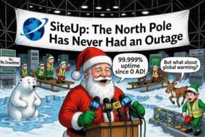 Medium Shot. A North Pole IT elf stands beside a server rack cooled by Arctic air. A speech bubble reads 'Power usage effectiveness: smug.' Behind them, Comet the reindeer sits calmly. A sign reads '99.9996% uptime - Proprietary monitoring stack.' A small note adds 'Gerald is banned from November and December.'