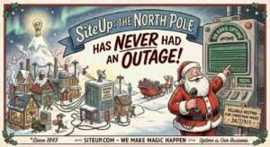 Wide Aspect. A meeting room at the North Pole. Mrs. Claus annotates the 143-page disaster recovery plan with a red pen. A speech bubble reads 'Extremely specific questions. Occasionally uncomfortable.' The IT elves sit nervously. Gerald is not in the room. A chair labeled 'Gerald's Seat' is empty.