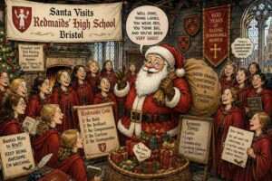 Medium Shot. Two friends at Redmaids' High School. One is Becca, raising one eyebrow. The other is Catherine, laughing. Santa watches from a corner. A speech bubble reads 'A friendship that strong doesn't disappear. It waits.'