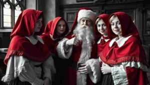 Medium Shot. The drama hall at Redmaids' High School. A girl in red uniform stands on stage, nervous. Santa sits in the audience, watching. A speech bubble reads 'You were braver than you felt. Most of the best people are.'
