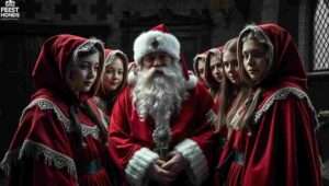 Wide Aspect. A classroom at Redmaids' High School. A teacher named Mrs. Hargreaves returns essays. A student reads a note in the margin: 'Write the crossed-out thing.' Santa watches from the doorway.