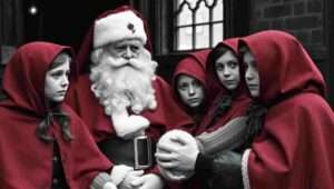 Close-Up. A framed school photograph from the 1990s. Girls in red uniforms stand in rows. One student in the photograph is named Catherine, marked with a small star. Santa holds the frame, looking nostalgic.