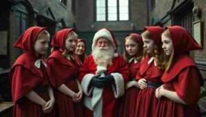 Medium Shot. Santa shakes hands with a Redmaids' student in the red uniform. A speech bubble reads 'The uniform has been a navigational landmark from the air for centuries.' Behind them, the Clifton Suspension Bridge is visible in the distance.