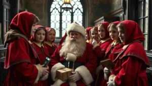 Long Shot. Santa Claus stands outside Redmaids' High School in Bristol. Girls in medieval red cloaks walk past the entrance. A sign reads 'Redmaids' High School - Founded 1634.' Santa waves at the students. One girl raises an eyebrow recognisably.