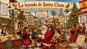 Legend of Santa Claus (2) Long Shot. Santa Claus moderno en trineo volador tirado por ocho renos. El Polo Norte brillante. El Taller con elfos y la fábrica de juguetes. Una carta de un niño vuela hacia el trineo. Un letrero dice 'Polo Norte - Hogar de Santa Claus.'