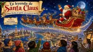 Legend of Santa Claus (3) Medium Shot. Sinterklaas, obispo neerlandés con mitra y báculo, monta un caballo blanco mientras niños dejan zapatos junto a la puerta. Al fondo, un barco atraca en el puerto. Un cartel dice 'Países Bajos - Tradición de Sinterklaas.'
